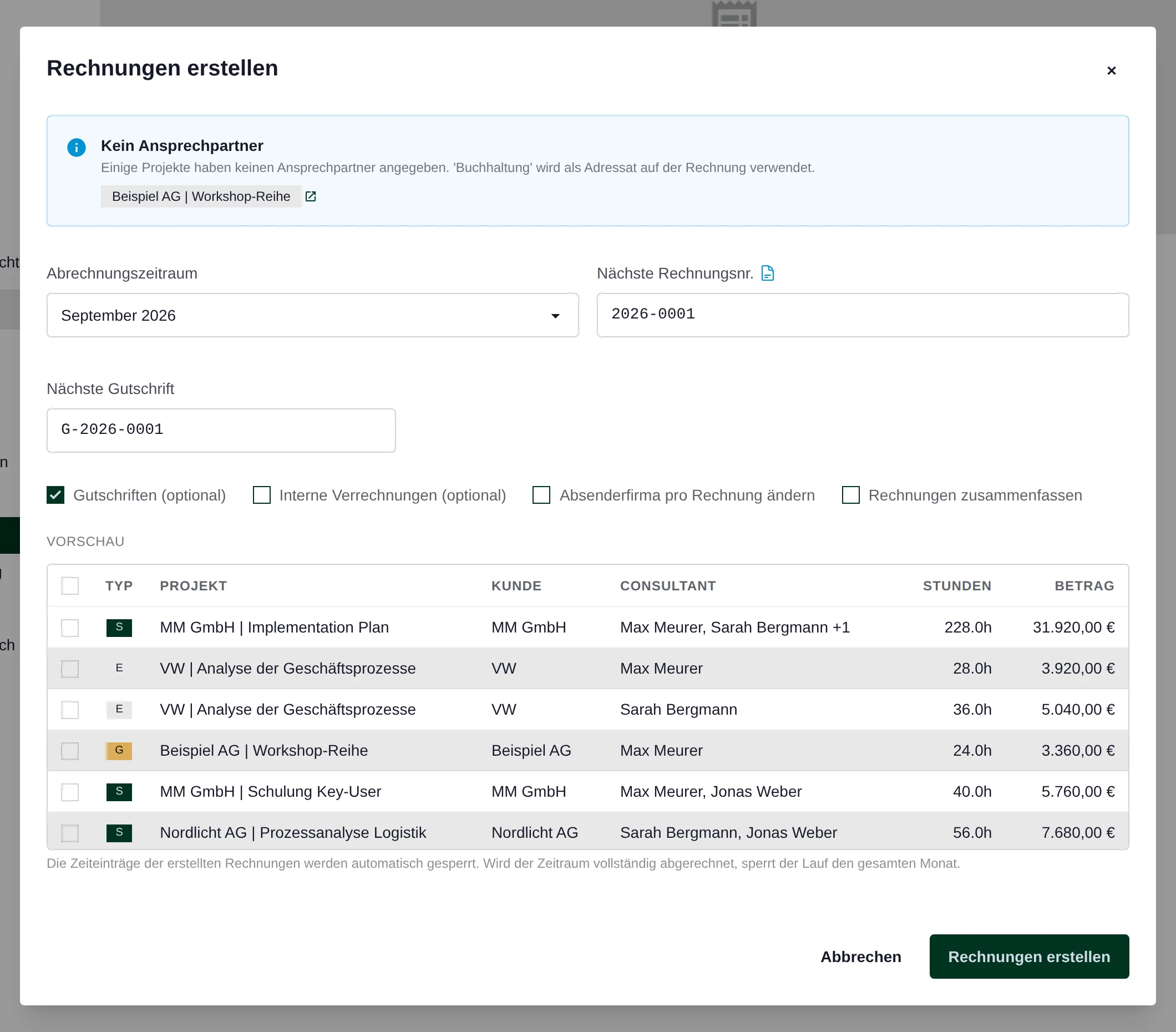 Invoice run with a month selector and a preview listing projects, clients, employees, hours and invoice amounts.