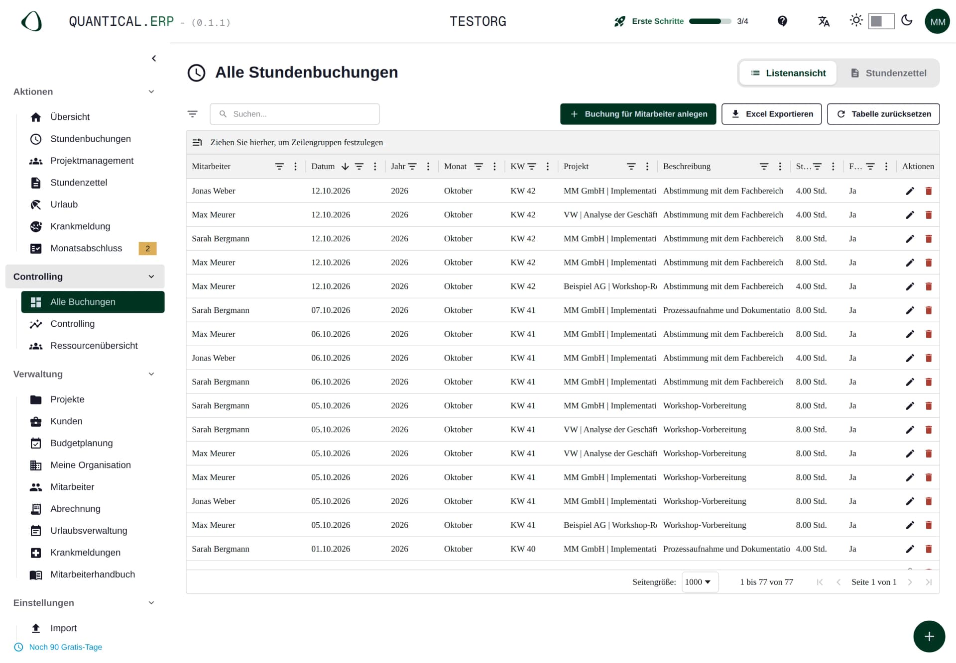Alle Buchungen der Organisation mit Suche, Excel-Export und Aktionen je Zeile