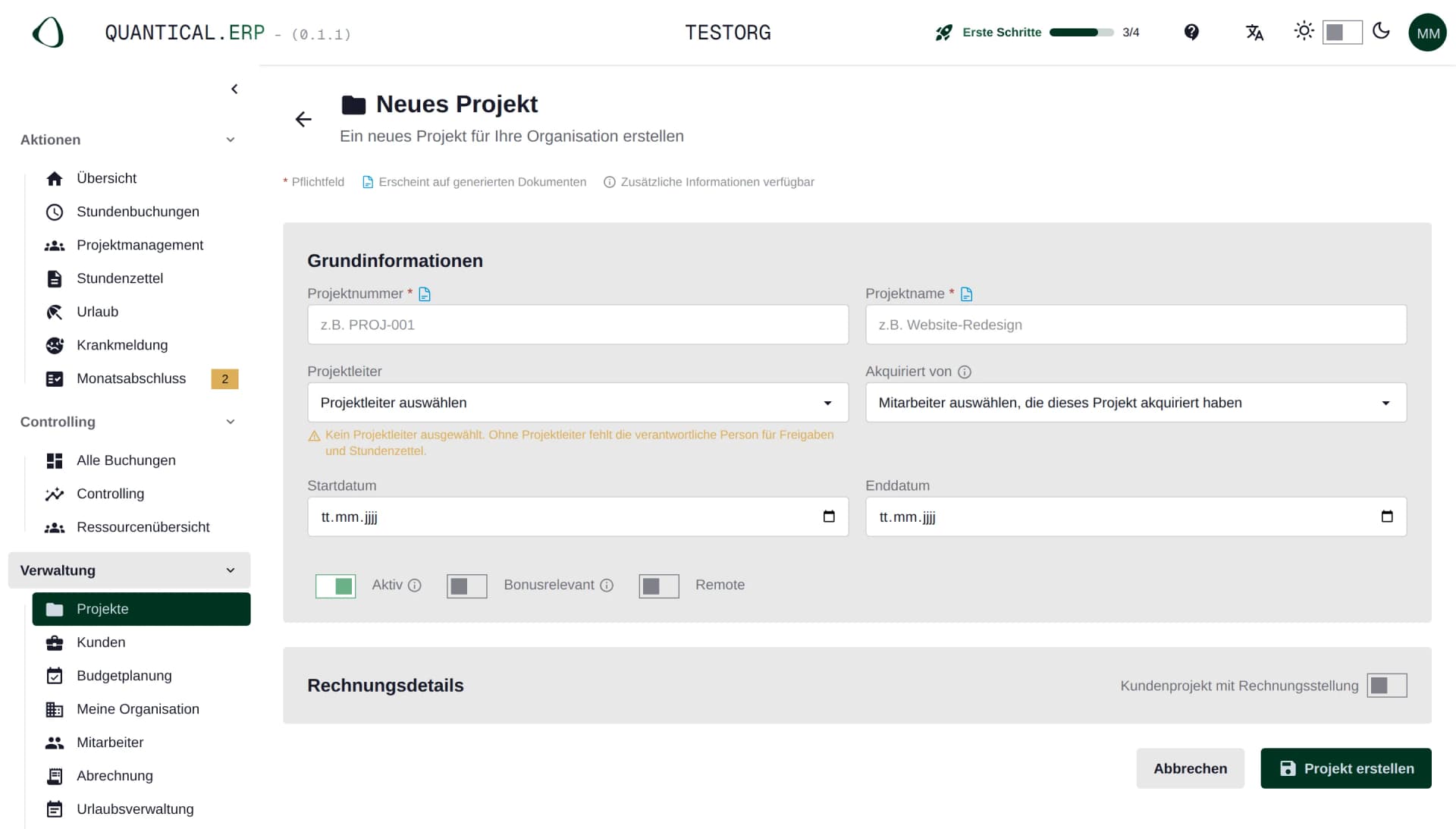 New Project form with project number, name, project lead, dates and a switch for client projects with invoicing.