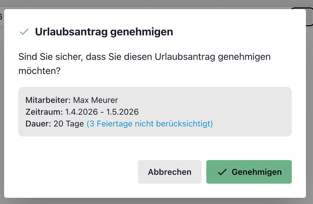 Dialog Urlaubsantrag genehmigen mit Hinweis auf Feiertage, die nicht abgezogen werden
