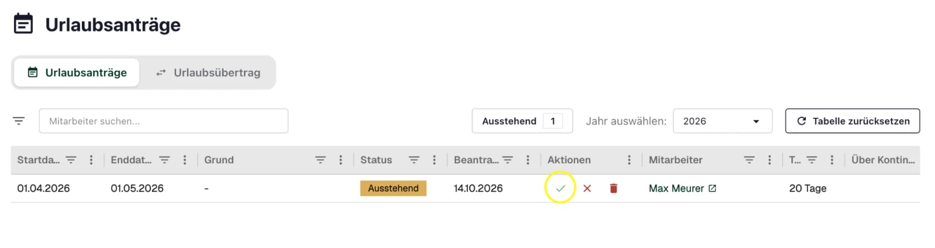 Tabelle der Urlaubsanträge mit Haken und Kreuz in der Spalte Aktionen