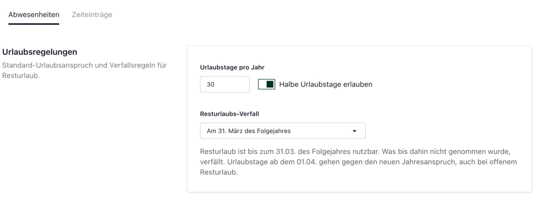 Urlaubsregelungen mit Urlaubstagen pro Jahr, halben Tagen und Resturlaubs-Verfall