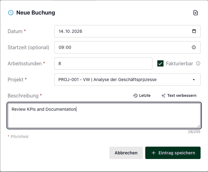 Time entry dialog with date, hours, project selector, activity description and the Billable switch enabled.